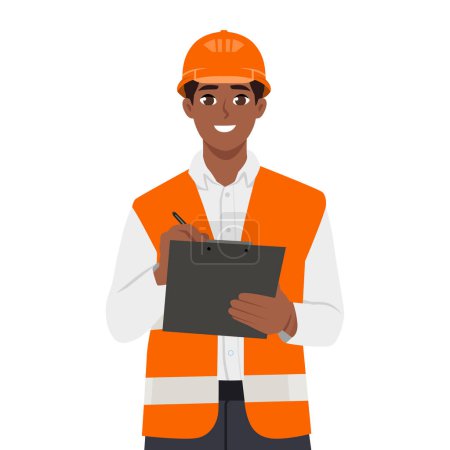 Young foreman in safety jacket taking notes on clipboard. Flat vector illustration isolated on white background