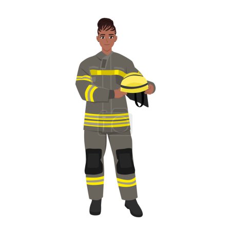 Illustration for Woman firefighter in uniform portrait. Happy firewoman helmet in hands. Flat vector illustration isolated on white background - Royalty Free Image