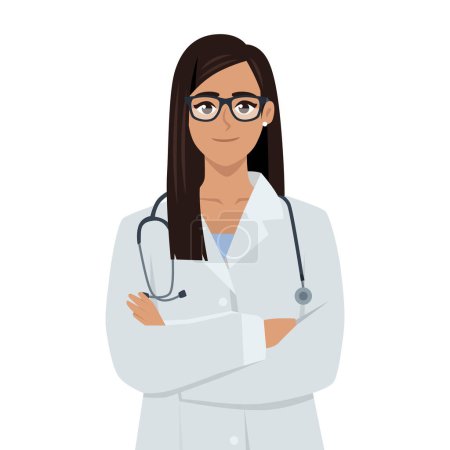 Illustration for Woman doctor standing with stethoscope with folded hands. Flat vector illustration isolated on white background - Royalty Free Image