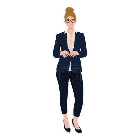 Confident young businesswoman buttoning his jacket while standing. Flat Vector Character Illustration Isolated on White Background