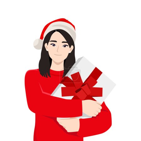 Téléchargez les photos : Jeune femme tenir cadeau de Noël portant le chapeau de Père Noël. Illustration vectorielle plate isolée sur fond blanc - en image libre de droit