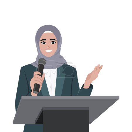 Hermosa mujer árabe del este en el escenario del podio. carácter de negocios. Ilustración vectorial plana aislada sobre fondo blanco