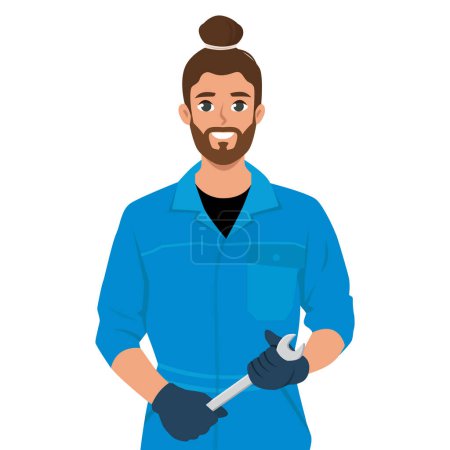 Junger Hipster-Mann Mechaniker oder Heimwerker in Arbeitskleidung mit einem Schraubenschlüssel. Flat Vector Character Illustration auf weißem Hintergrund isoliert