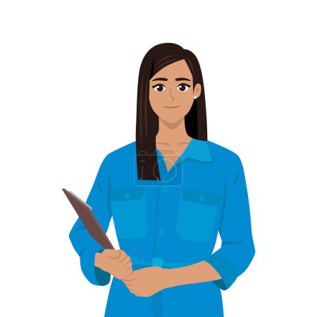 Young Latin woman mechanic in blue workwear holding clipboard with document. Flat Vector Character Illustration Isolated on White Background