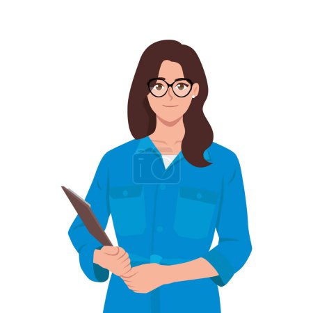 Young woman mechanic in blue workwear holding clipboard with document. Flat Vector Character Illustration Isolated on White Background