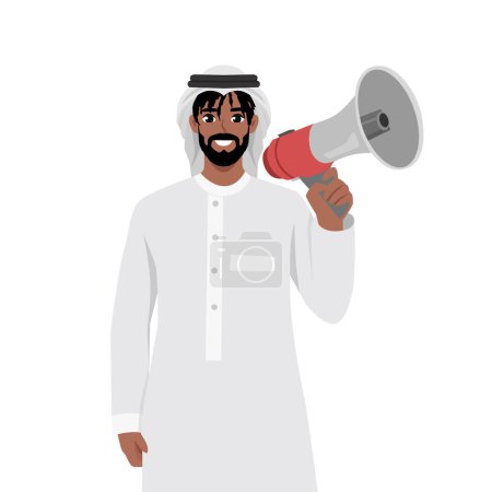 Modern Black arab business man holds loudspeaker. Successful businessman. Flat vector illustration isolated on white background