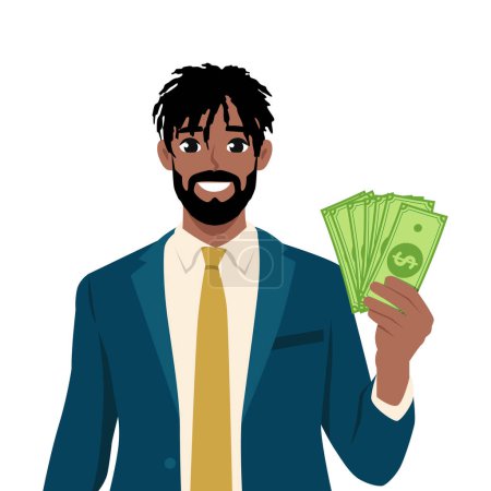 Hombre de negocios sonriente con traje de pie mostrando dinero. Ilustración vectorial plana aislada sobre fondo blanco