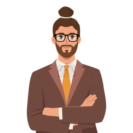 Young businessman in glasses and a tie stands with folded hands. Flat vector illustration isolated on white background