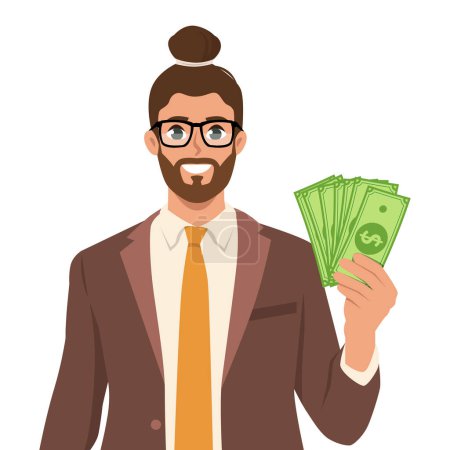 Sonriente hombre de negocios barbudo de traje de pie mostrando dinero. Ilustración vectorial plana aislada sobre fondo blanco