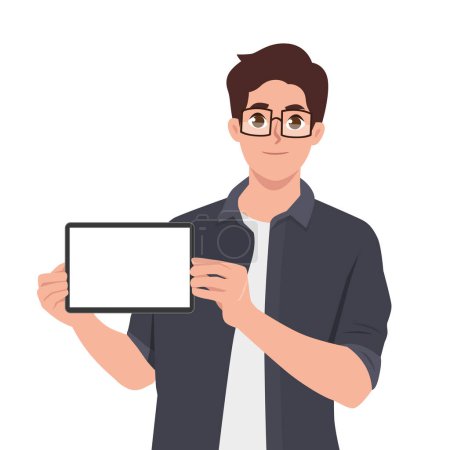 Young man holding digital tablet, showing screen with blank copy space. Flat vector illustration isolated on white background