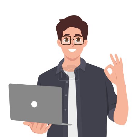 Young man freelancer student showing okay gesture, using laptop for remote studies. Flat vector illustration isolated on white background
