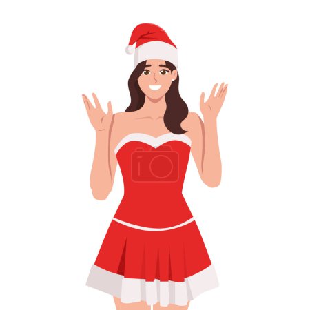 Glückliche junge Frau, die als Weihnachtsmann verkleidet lächelt. Flache Vektordarstellung isoliert auf weißem Hintergrund
