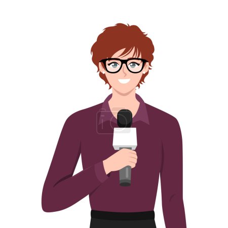 Illustration for Journalist woman. Beautiful woman reporter holding microphone. Flat vector illustration isolated on white background - Royalty Free Image