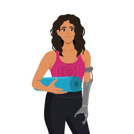 Beautiful woman with prosthetic arm holding yoga mat ready to workout. Flat Vector Illustration Isolated on White Background