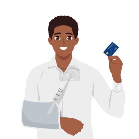 Illustration for Injury problem concept. Black man with broken arm using credit card to cover emergency medical costs. Flat Vector Illustration Isolated on White Background - Royalty Free Image