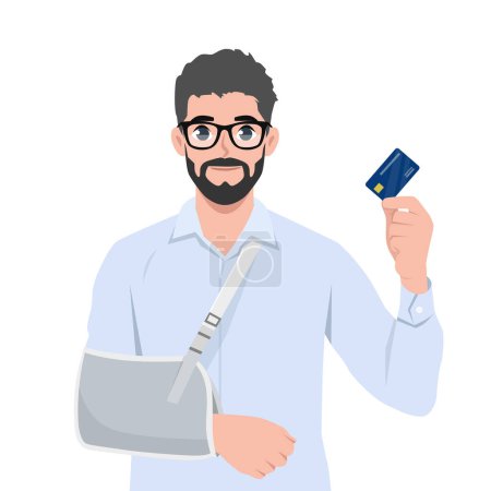 Illustration for Injury problem concept. Man with broken arm using credit card to cover emergency medical costs. Flat Vector Illustration Isolated on White Background - Royalty Free Image