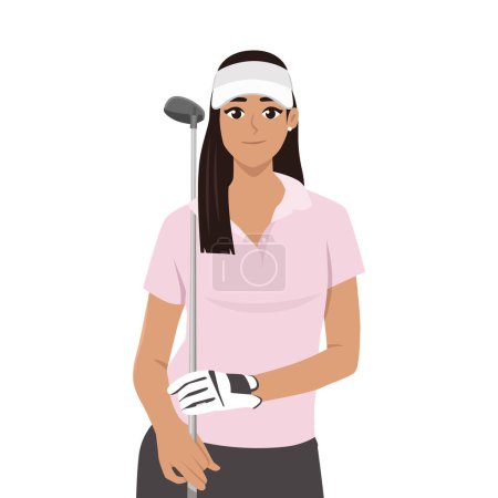 Jeune jolie golfeuse avec un club de golf coiffé. Illustration vectorielle plate isolée sur fond blanc