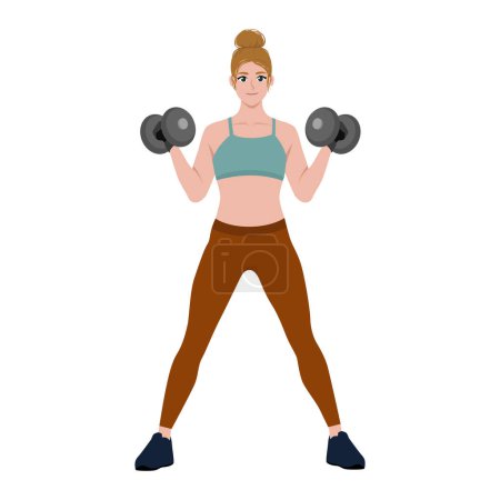 Young woman is doing exercise with dumbbell. Flat Vector Illustration Isolated on White Background