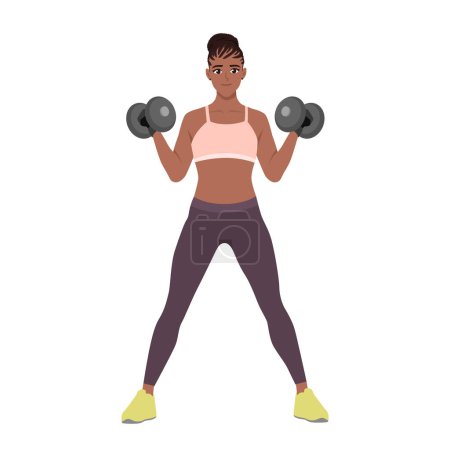 Téléchargez les illustrations : Jeune femme noire fait de l'exercice avec haltère. Illustration vectorielle plate isolée sur fond blanc - en licence libre de droit