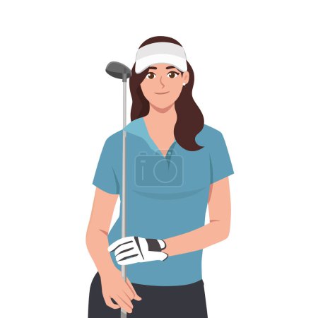 Jeune Belle golfeuse avec un club de golf portant un chapeau. Illustration vectorielle plate isolée sur fond blanc
