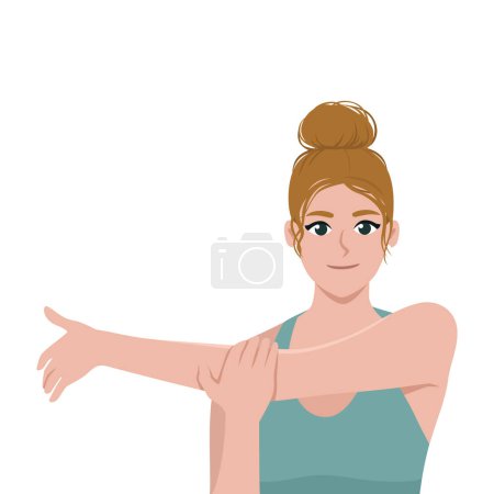 Ilustración de Mujer rubia joven estirando la postura para el tratamiento de dolores en el hombro. Ilustración de vectores planos aislada sobre fondo blanco - Imagen libre de derechos