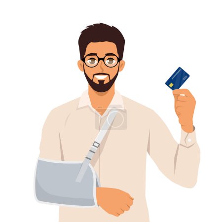 Illustration for Injury problem concept. Bearded man with broken arm using credit card to cover emergency medical costs. Flat Vector Illustration Isolated on White Background - Royalty Free Image