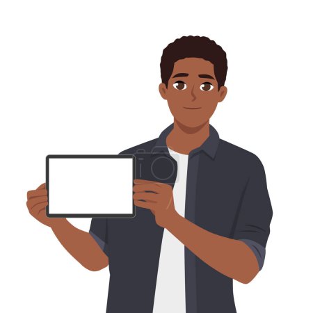 Junger schwarzer Mann mit digitalem Tablet, zeigt Bildschirm mit leerem Kopierraum. Flache Vektordarstellung isoliert auf weißem Hintergrund