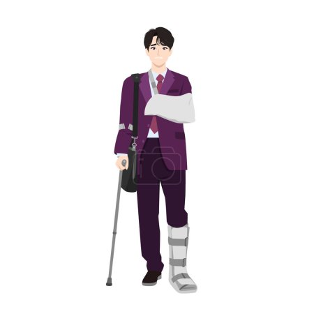 Téléchargez les illustrations : Jeune homme d'affaires asiatique avec des jambes cassées bandage coulé marche à l'aide de béquilles. Illustration vectorielle plate isolée sur fond blanc - en licence libre de droit