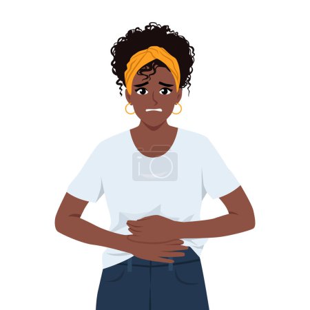 Ilustración de Mujer africana siente dolor en el estómago. Enfermedad por reflujo ácido estomacal y problema del sistema digestivo. Ilustración de vectores planos aislada sobre fondo blanco - Imagen libre de derechos