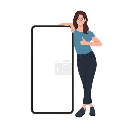 Young woman stand near big mobile phone blank screen workspace area show thumb up. Flat Vector Illustration Isolated on White Background