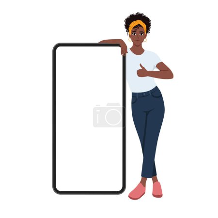 Young beautiful woman stand near big mobile phone blank screen workspace area show thumb up. Flat Vector Illustration Isolated on White Background