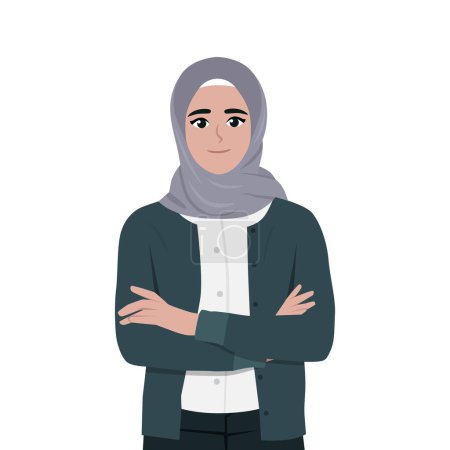 Illustration for Beautiful Young muslim woman with her arms crossed. Flat Vector Illustration Isolated on White Background - Royalty Free Image