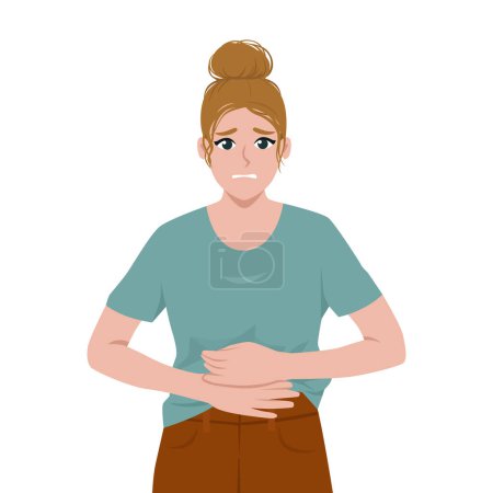 Ilustración de Una joven siente dolor de estómago. Enfermedad por reflujo ácido estomacal y problema del sistema digestivo. Ilustración de vectores planos aislada sobre fondo blanco - Imagen libre de derechos