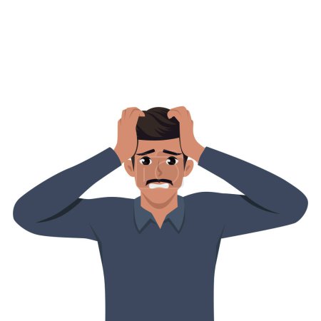 Shocked or amazed young indian man holding hands on head and mouth open. Headache pain or stress. Flat vector illustration isolated on white background