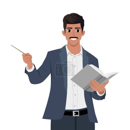 Young business man teacher wearing glasses pointing with wooden pointer stick. Flat vector illustration isolated on white background