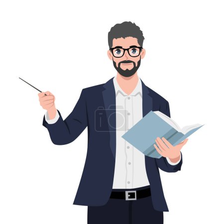 Young businessman teacher wearing glasses pointing with wooden pointer stick. Flat vector illustration isolated on white background