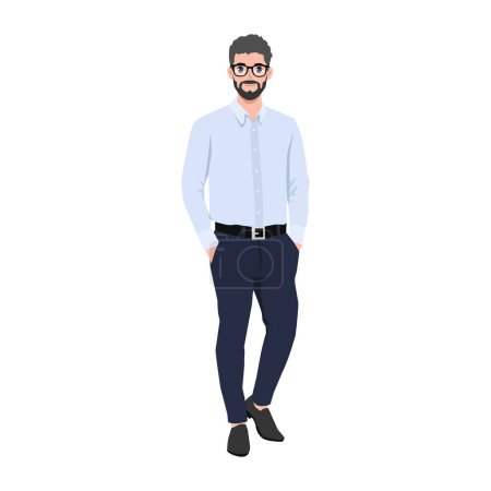 Ilustración de Hombre barbudo con camisa formal de pie Pose con ambas manos dentro del bolsillo. Ilustración vectorial plana aislada sobre fondo blanco - Imagen libre de derechos