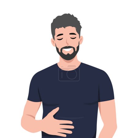 Illustration for Young happy man feel very full after eating too much food. Flat vector illustration isolated on white background - Royalty Free Image