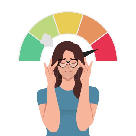 Tired business woman holding her head under stress during work. Flat vector illustration isolated on white background