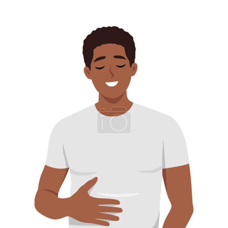 Young happy black man feel very full after eating too much food. Flat vector illustration isolated on white background