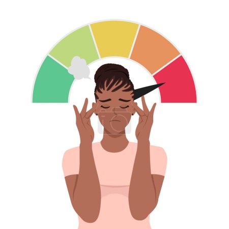 Tired black business woman holding her head under stress during work. Flat vector illustration isolated on white background