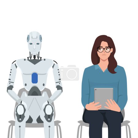 KI-Roboter gehören zu den frustrierten Arbeitsuchenden, die aufgrund innovativer Technologien und der Robotisierung der Produktion ihre Arbeitsplätze verlieren. Flache Vektordarstellung isoliert auf weißem Hintergrund