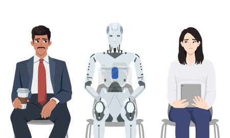 KI-Roboter sitzen unter frustrierten Arbeitsuchenden, die aufgrund innovativer Technologien und der Robotisierung der Produktion ihre Arbeitsplätze verlieren. Flache Vektordarstellung isoliert auf weißem Hintergrund