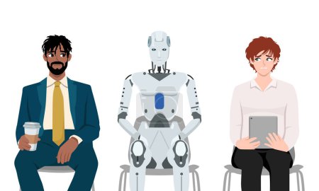 AI robot sits among two frustrated job seekers losing jobs due to innovative technologies and robotization of production. Flat vector illustration isolated on white background