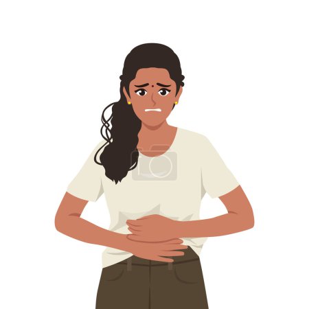 Ilustración de La joven india siente dolor de estómago. Enfermedad por reflujo ácido estomacal y problema del sistema digestivo. Ilustración de vectores planos aislada sobre fondo blanco - Imagen libre de derechos