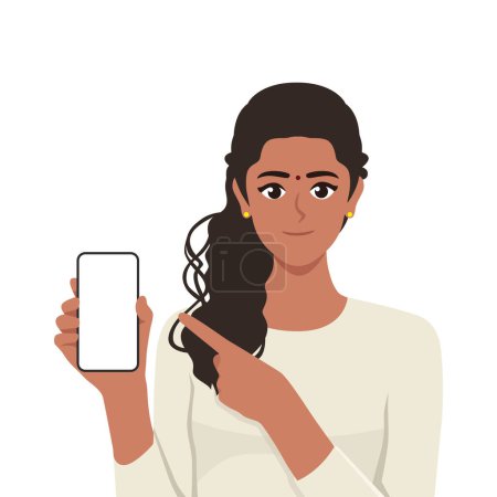 Téléchargez les photos : Jeune Indienne tenant un téléphone intelligent mobile debout et pointant vers un téléphone vide. Illustration vectorielle plate isolée sur fond blanc - en image libre de droit
