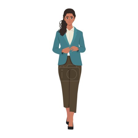 Femme en costume d'affaires attache le bouton de sa veste. Femme d'affaires marche et boutonnage costume. Illustration vectorielle plate isolée sur fond blanc