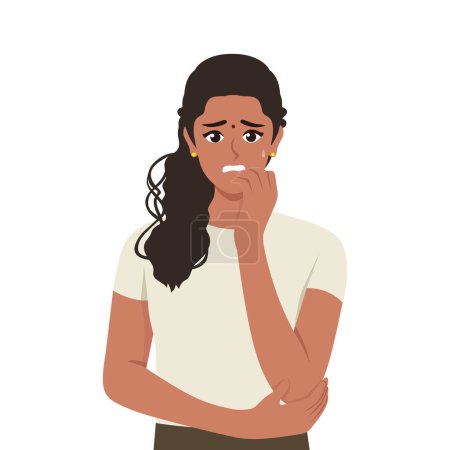 Young anxious worried woman girl teenager character looking stressed and nervous with hands on mouth. Flat Vector Illustration isolated on White Background