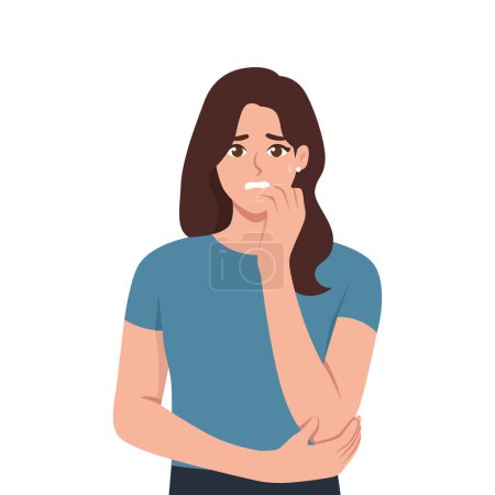 Anxious worried woman girl teenager character looking stressed and nervous with hands on mouth. Flat Vector Illustration isolated on White Background