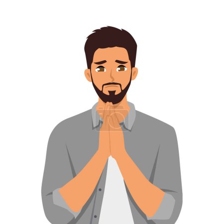 Young bearded man feeling sorry folded hands as if he is praying. Flat vector illustration isolated on white background